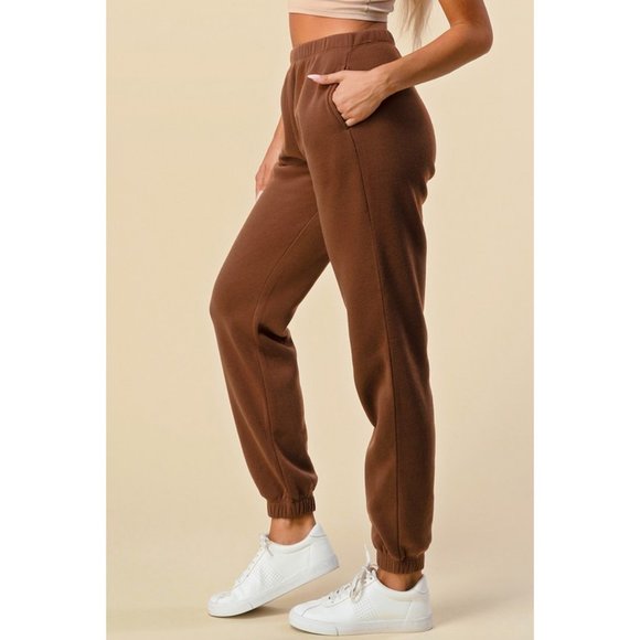 NEW Chocolate Brown High Waist Side Pockets Relaxed Fleece Jogger Sweat Pants - Picture 3 of 9